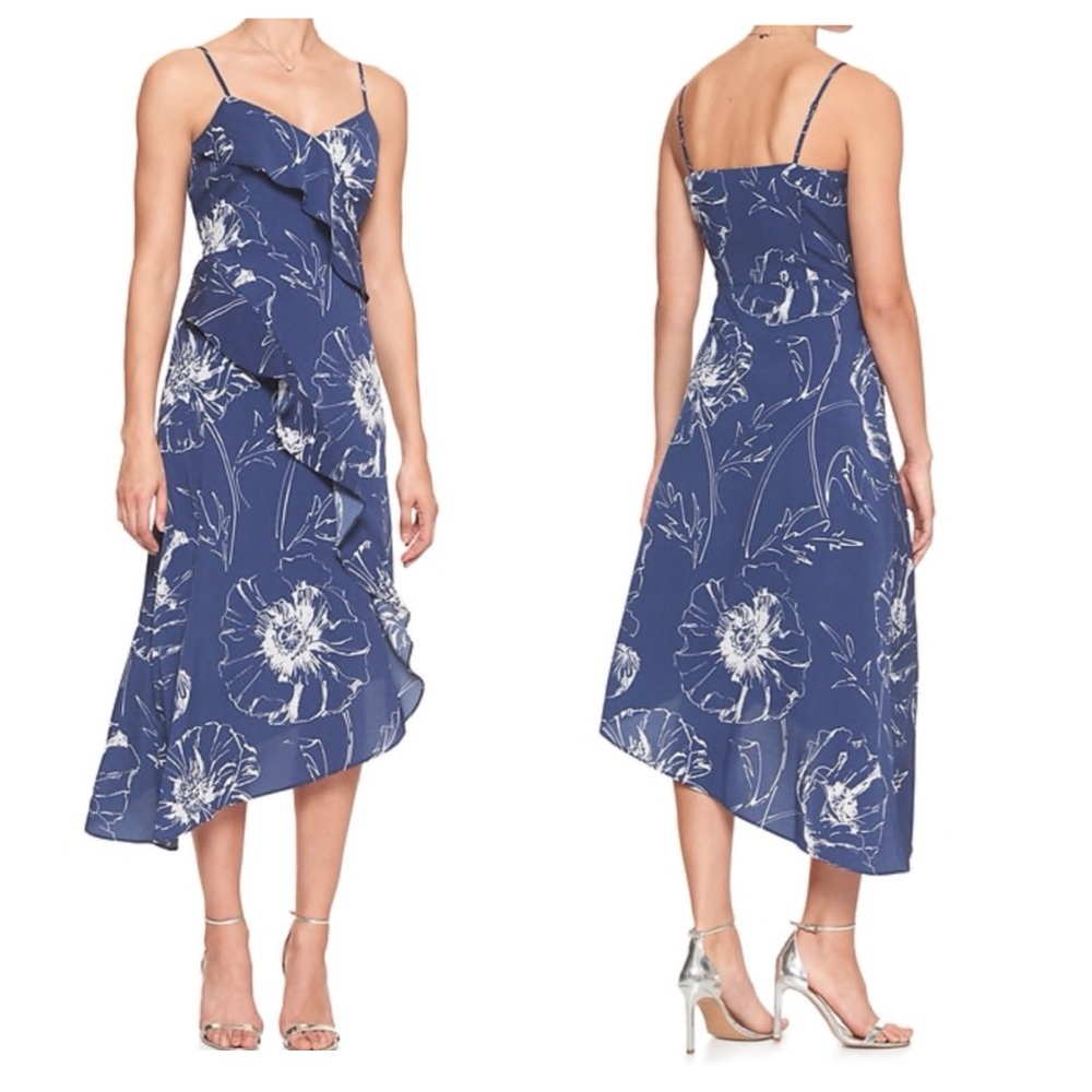 Banana Republic Asymmetrical Ruffle Midi Dress, Navy/White Floral Print
